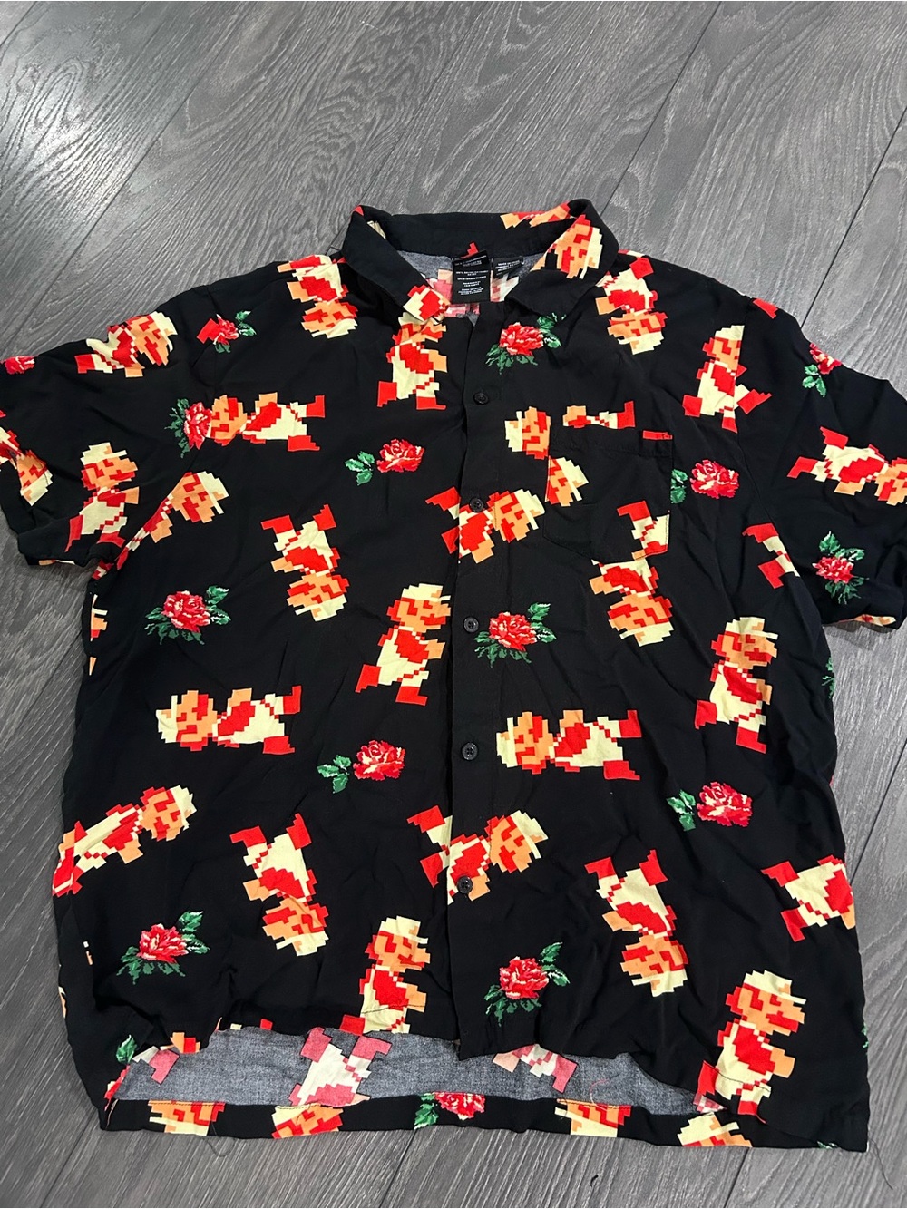 Super Mario Button Up Shirt Men Size XXL Black Short Sleeve Causal Rose Adult